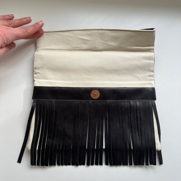 New! Sseko Leather Fringe and Canvas Foldover Clutch Bag - Picture 2 of 7